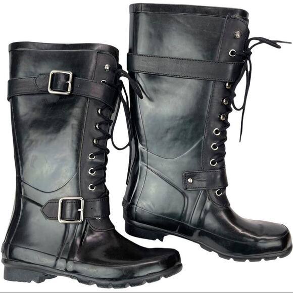 BCBGMAXAZRIA Women's Black Willis Lace Up Rubber Boots Leather Straps Size 6 - Picture 10 of 16